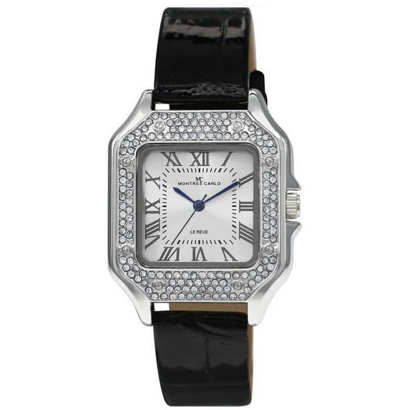 35mm Montres Carlo Women Simulate Diamond Dial Dress Wrist Fashion Luxury Watch (Silver/Black)