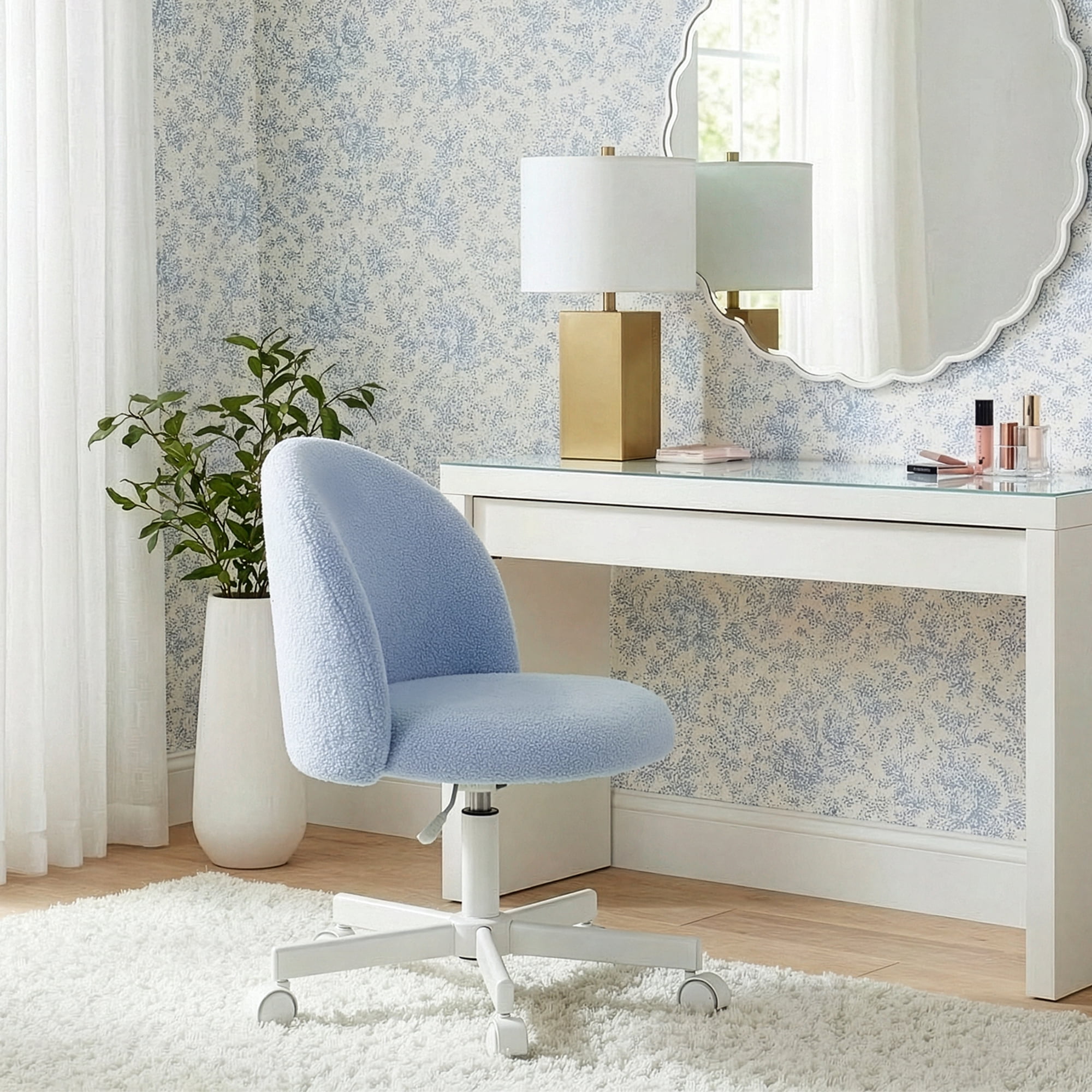 CELTOSS Home Office Desk Chair, Cute Teddy Fabric Swivel Vanity Stool, Mid Back Adjustable Armless Task Chair with Wheels, Blue