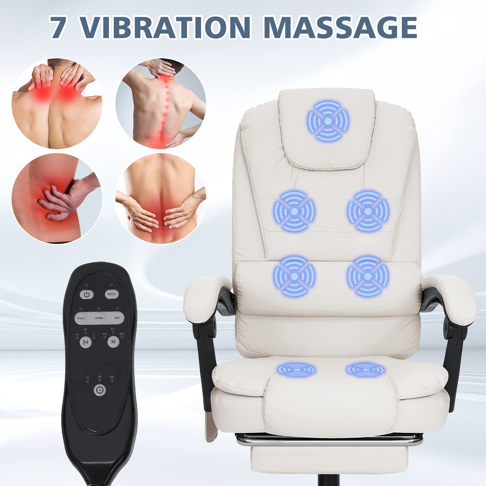 Hoffree Executive Office Chair Massage and Footrest Ergonomic Computer Desk Chair Reclining High Back Leather Office Chair Lumbar Back Support Swivel Rolling for Home Office Beige