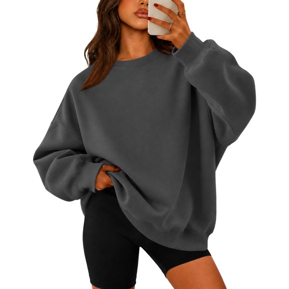 Women's Casual Crew Neck Sweatshirt Oversized Long Sleeve Solid Color Loose Pullover Top Ribbed Hem for Fitness Workout Basic Dark Gray S