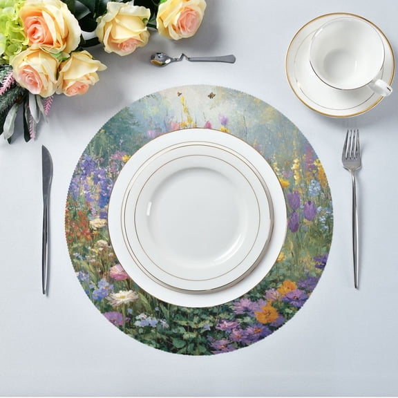 15.4" Round Placemat Set of 1 Polyester Fabric Place Mats Non-Slip Dining Kitchen Table Mats for Kitchen Party Decor Vibrant Garden Filled