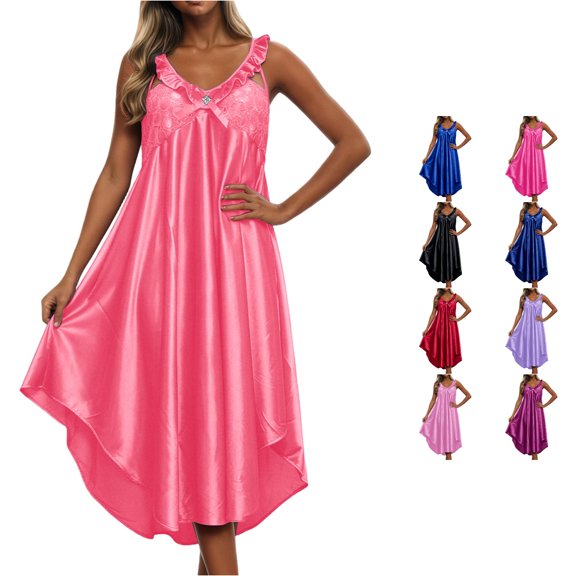 PMVFHDE Women V Neck Ice Silk Nightgown Sleepshirt Imitation Loungewear Breathable Soft Comfort Sleep Dress Watermelon Red,One Size