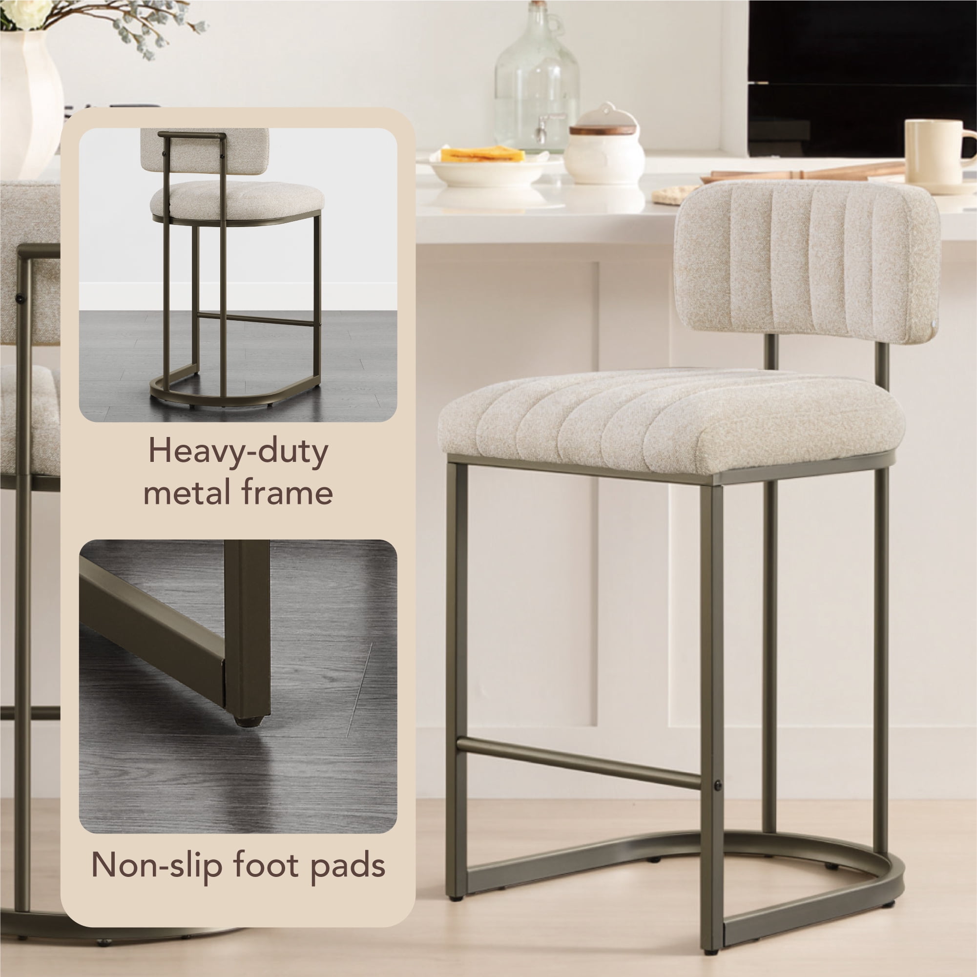 Spruce & Spring 26" Fixed Counter Height Bar Stools Set of 3, Upholstered Counter Chairs with Curved Back & Channel Tufting, Metal Base for Kitchen Island & Home Bar, Sand Fabric