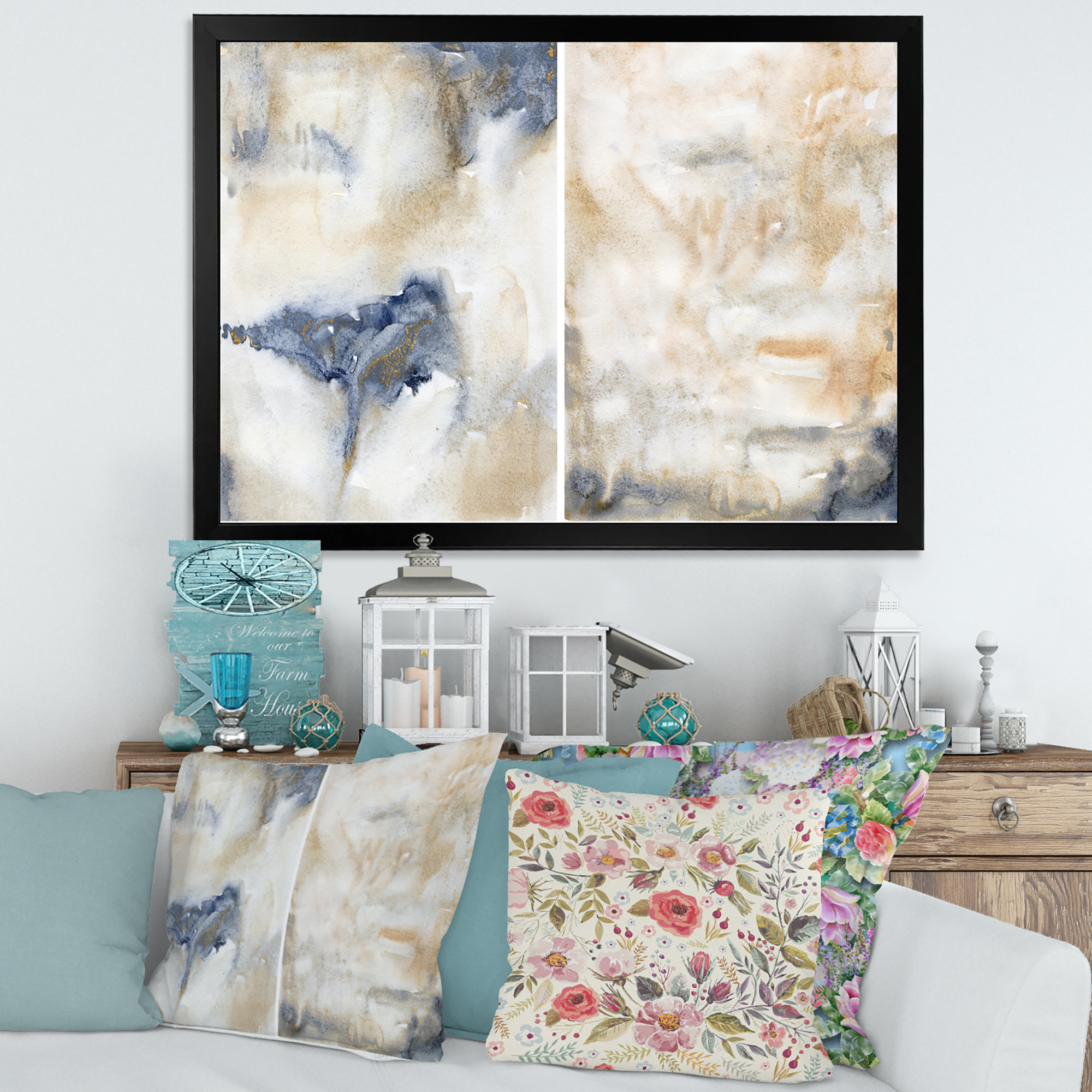 Designart 'Abstract Gold Beige Pink and Dark Pastel Strokes' Modern Framed Art Print