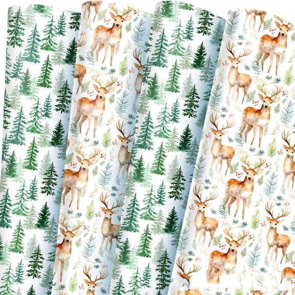 12 Sheets Christmas Animal Gift Wrapping Paper, 4 Vintage Designs (Deer & Pine Tree Patterns),68.58*50.8cm Flat Folded Wrap for Holiday Gifts, Christmas Party Decor, DIY Crafts