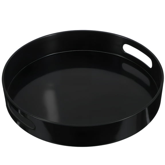 TEHAUX Round Tray with Handles Black Plastic Tray for Home Storage and Decoration