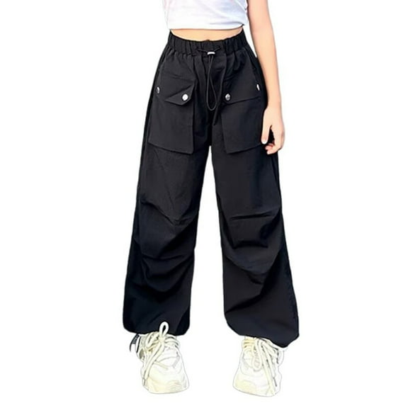 Kids Cargo Pants Slim Fit Baggy Pants Wide Leg Black Cargo Pants with Pocket Girls Clothes Size 6-7 Years