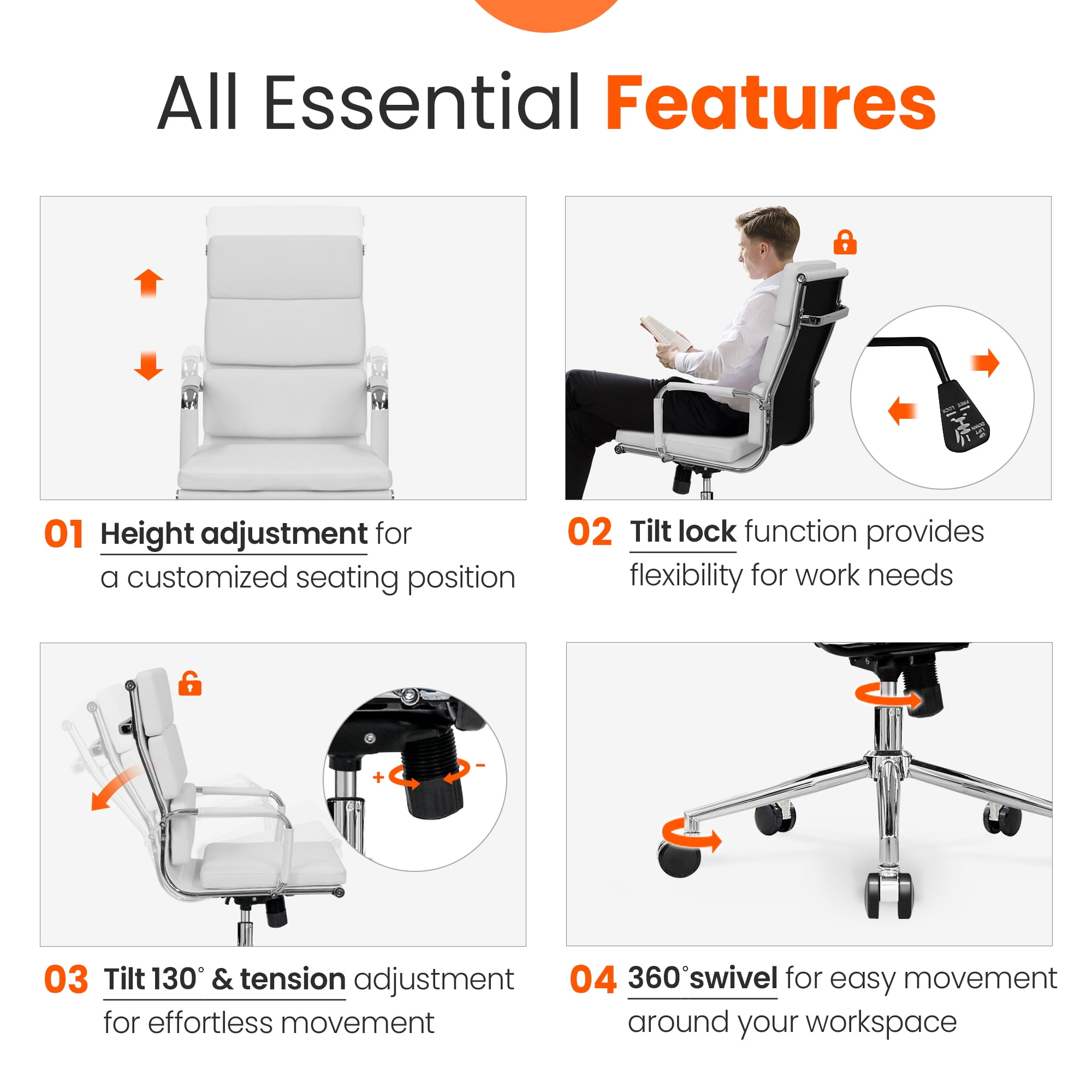 NEO CHAIR Conference Office Chair Century Modern High-Back Cushioned, White