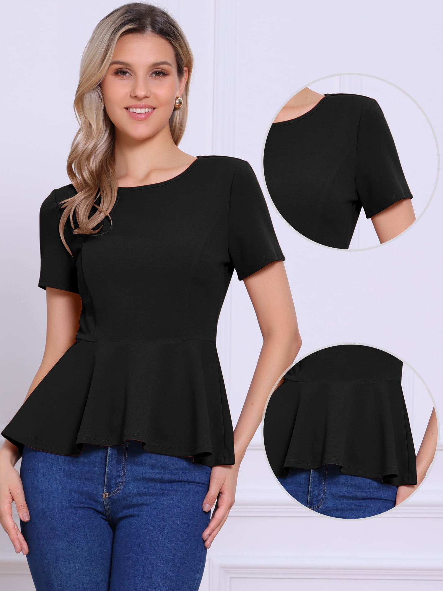 DARING DIVA Women's Peplum Tops Short Sleeve Crew Neck Blouse M Black