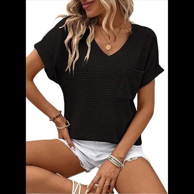 Camiseta Básica de Corta para Mujer, Informal, de Punto Gofre, con Cuello en V, Color Negro, Talla S
