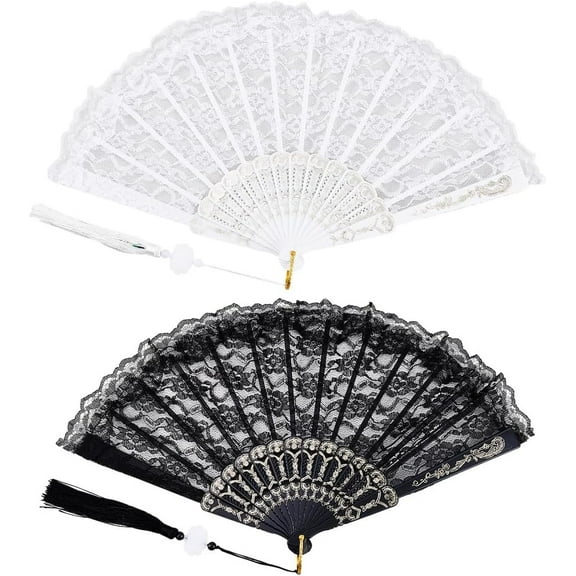 2Pcs Black White Lace Folding Fan Line Dance Popping Fan Lolita Embroidered Foldable Fan Clack Fan for Dancing Performence Party Wedding Decor Tea Party Fans Protable Cooling Hand Fan 10in