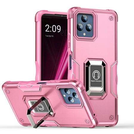 T-Mobile Revvl 6 5G Case, Rosebono Hybrid Magnetic Support Metal Kickstand Protective Defender Armor Cover Case For T-Mobile Revvl 6 5G (Pink)