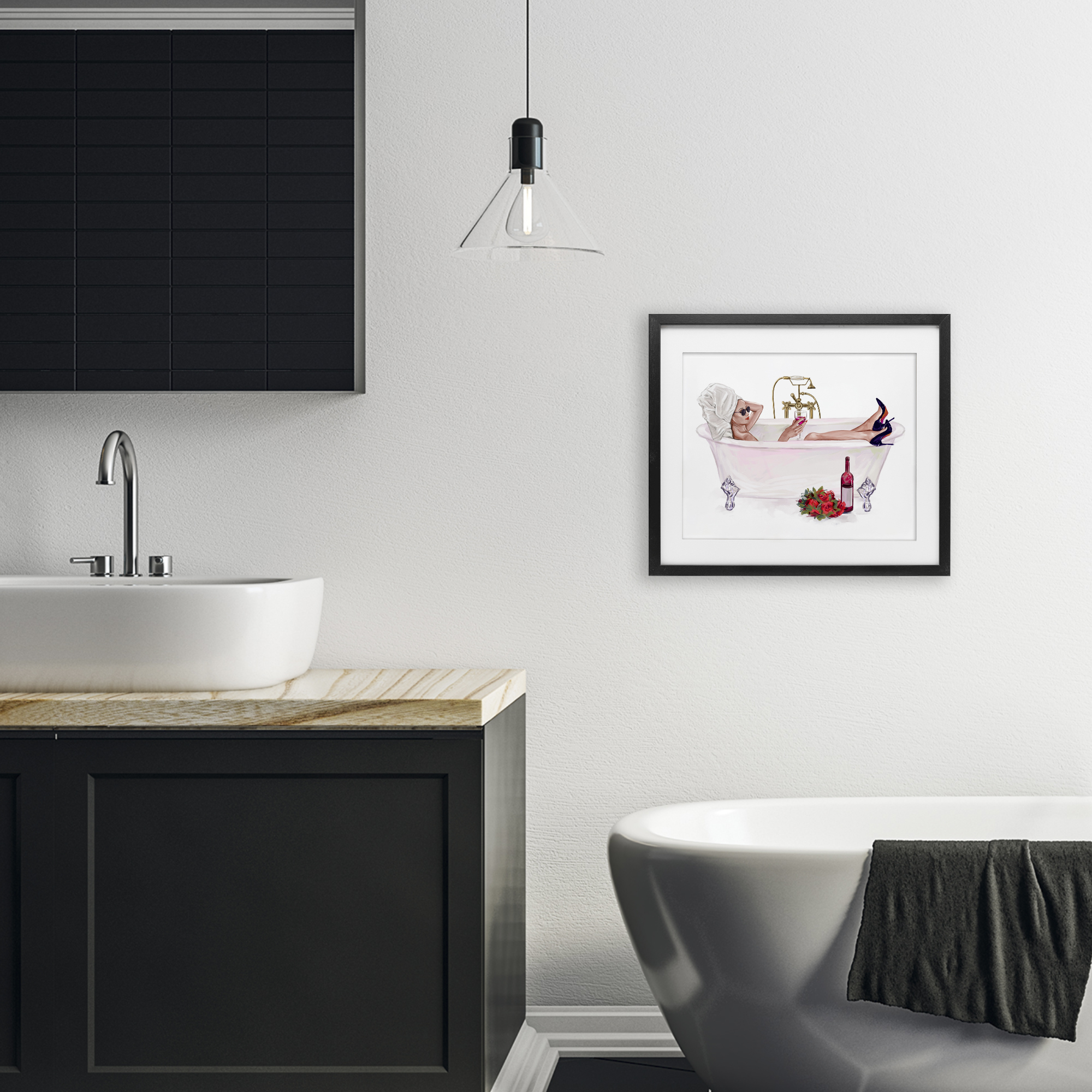 Woman with Wine Bath Black Framed Print Under Glass, design by Ziwei Li