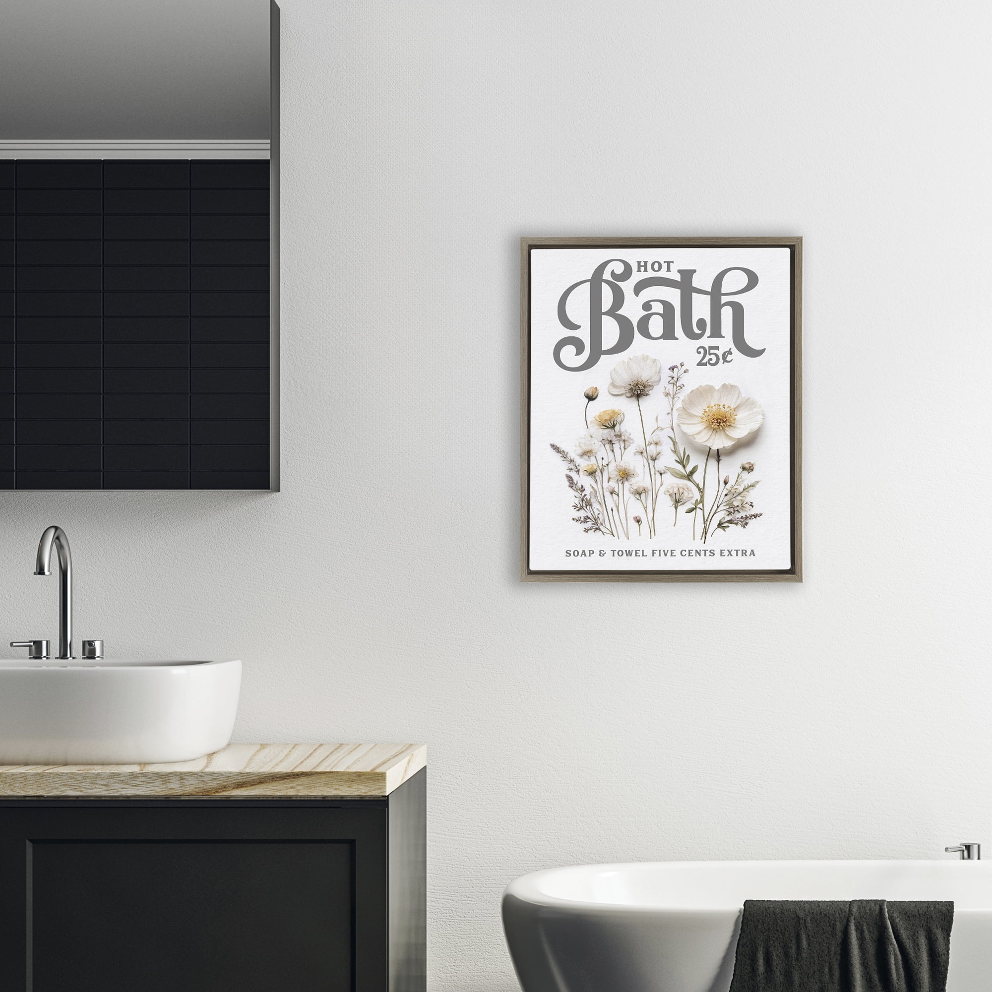 Pressed Flowers Hot Bath Brown Framed Floater Canvas Wall Art, design by Lettered and Lined