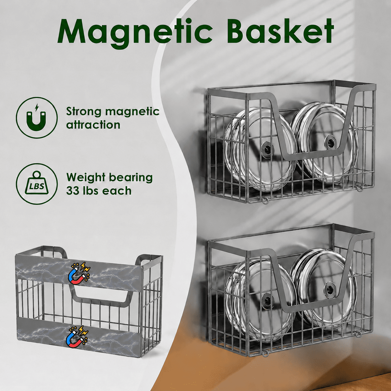 Gray Magnetic Shelf for Fridge, Fruit Potato and Onion Storage Bins, Magnetic Spice Rack Shelves for Side of Refrigerator, Fruit Basket Magnetic Fridge Shelf Kitchen Pantry Storage Organizer