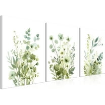 Boho Floral Canvas Wall Art Set of 3, Sage Green Wildflower Botanical Wall Decor Painting, Minimalist Watercolor Flowers Posters Prints for Bedroom Bathroom Living Room 16x24 In Framed
