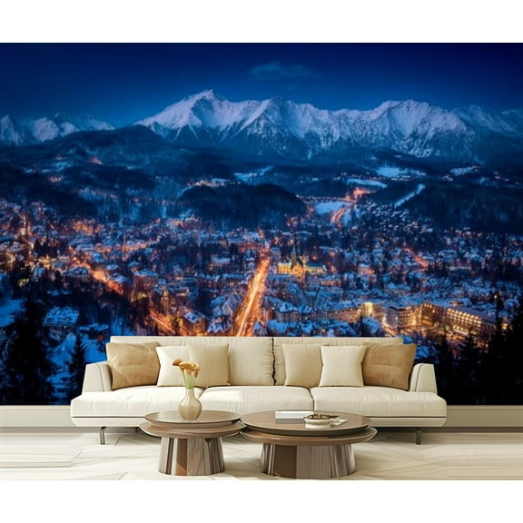 Peel and Stick Wallpaper Holidays Poland winter Zakopane by night Modern Art Wall Mural Decor Self Adhesive and Removable 69in x 98in
