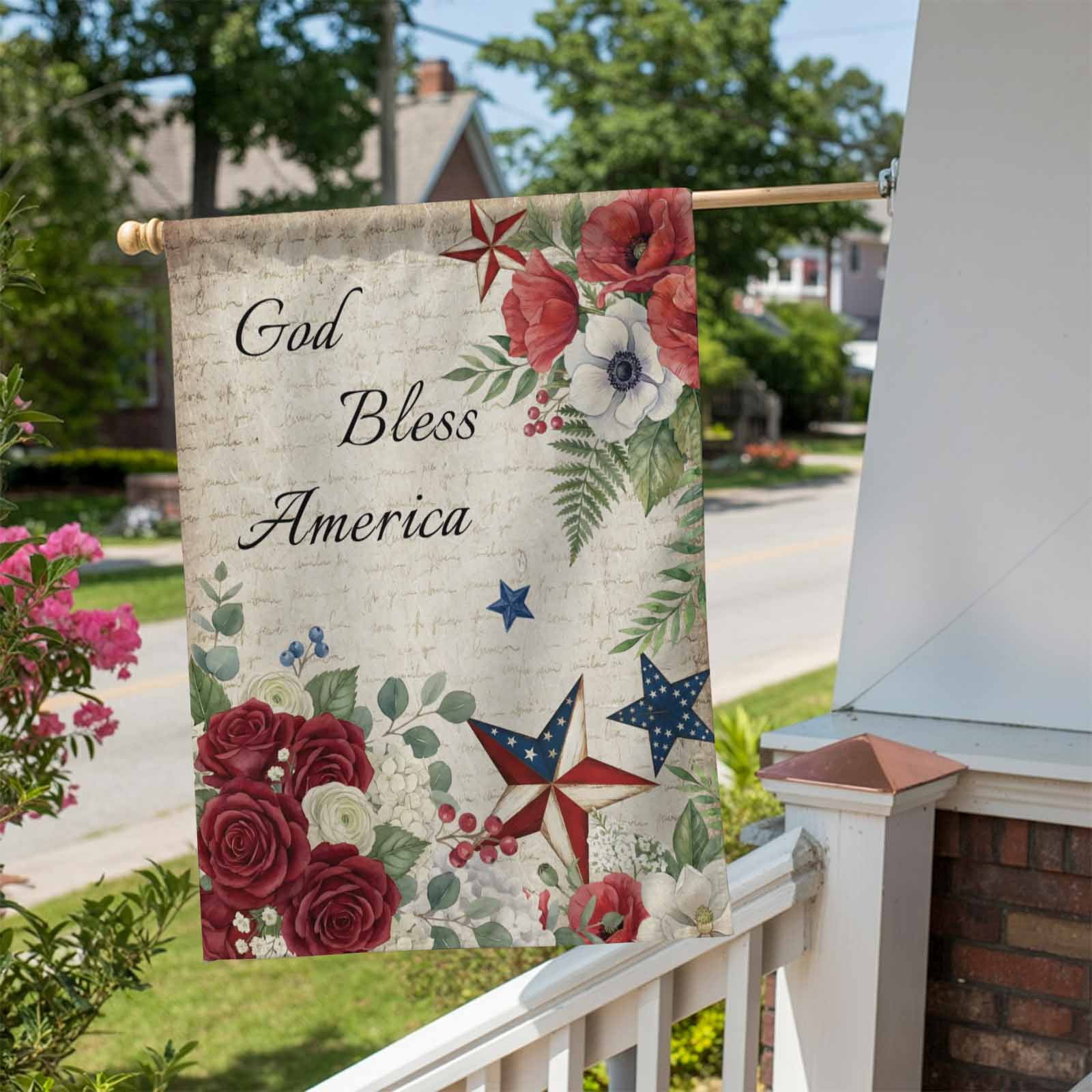 4th of July House Flag 28 x 40 Inches, God Bless America Stars Red Flowers Leaf Vintage Weather Proof Outdoor Patio Flags Double Sided Small House Decoration for Yard Lawn Outside Home