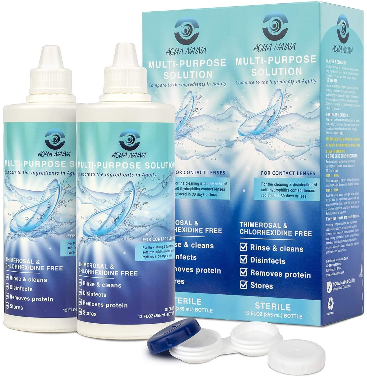 Aqua Naina (2 Pack) 12 Fl Oz - Contact Lens Solution Bulk - Cleaning and Disinfecting Multi-Purposes Solution