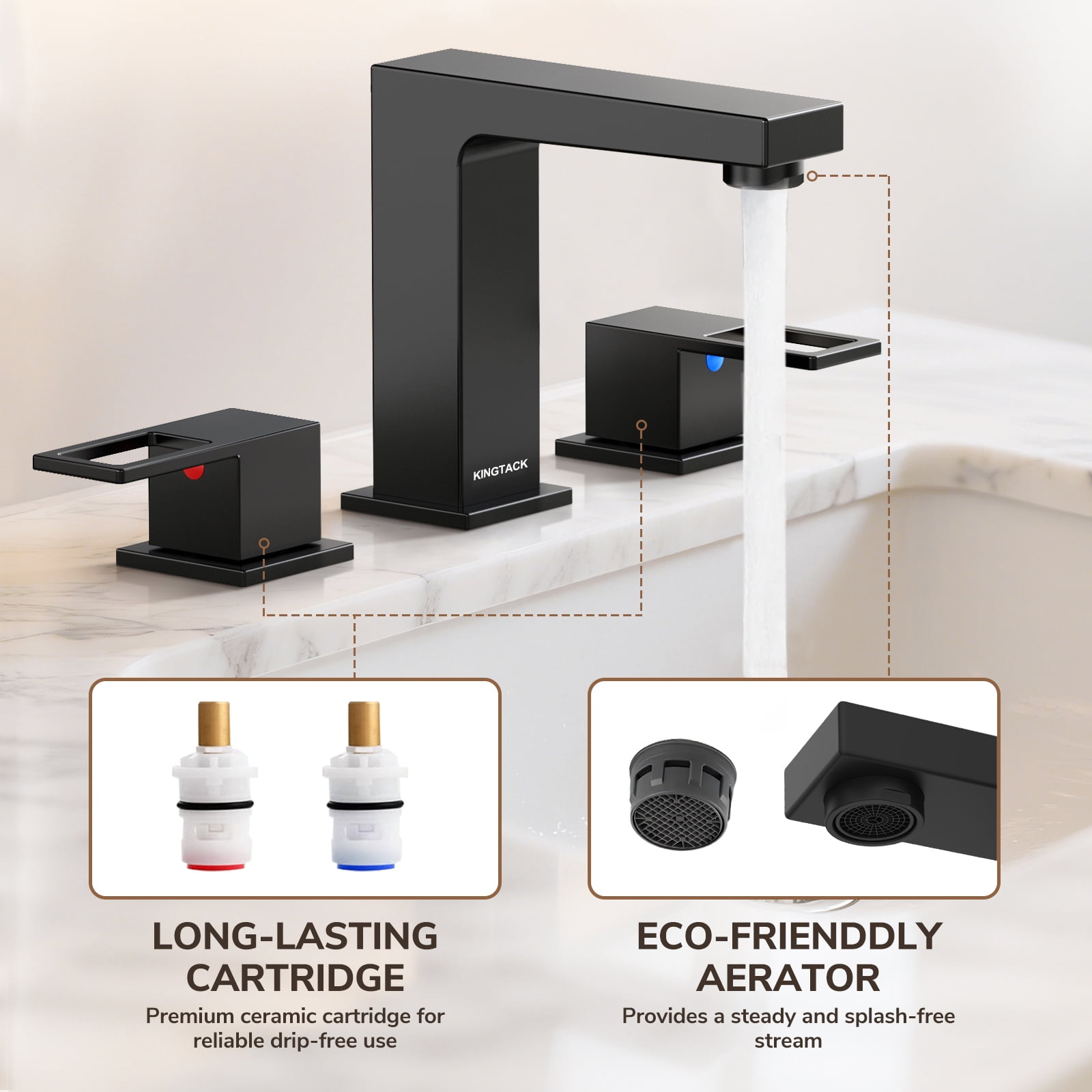 KINGTACK Matte Black Bathroom Faucet 3 Hole, 8 inch Widespread Bathroom Faucet with Pop Up Drain, 2 Handle Vanity Faucet with Water Supply Hoses