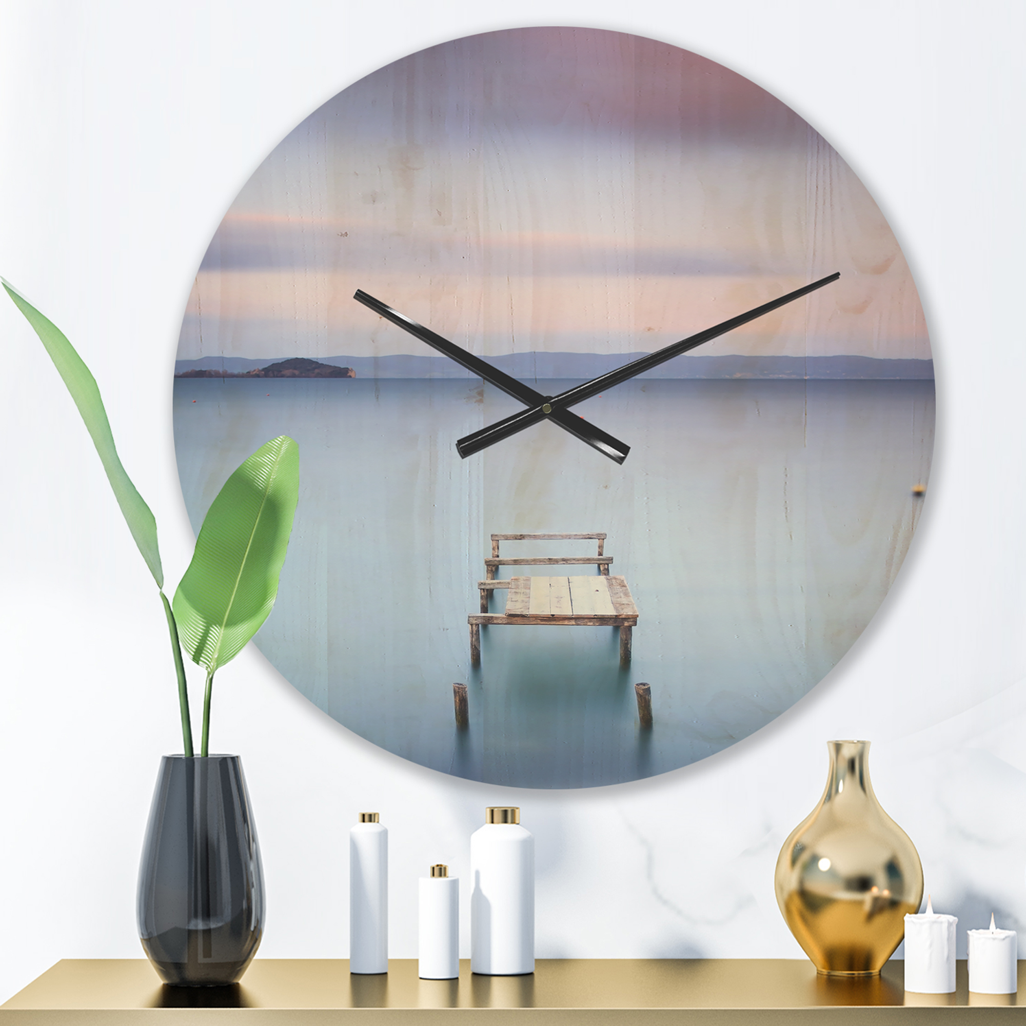 Designart 'Bright Purple Sky Over Lake' Modern Wood Wall Clock