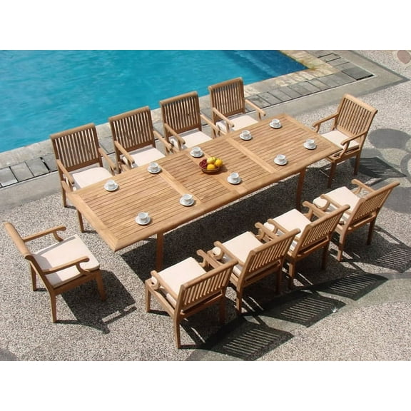 Teak Dining Set:10 Seater 11 Pc - 117" Double Extension Rectangle Table And 10 Sack Arm Chairs Outdoor Patio Grade-A Teak Wood WholesaleTeak #WMDSSK8