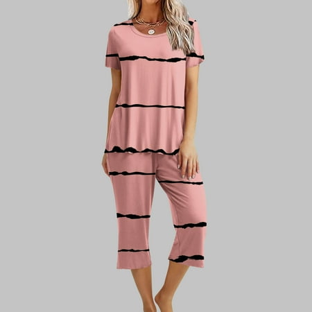 

DAETIROS Womens Blouse Sets Printing Round Neck Short Sleeve Sleepshirt And Pants Sets Loungewear Pajamas With Pockets Pink Size M