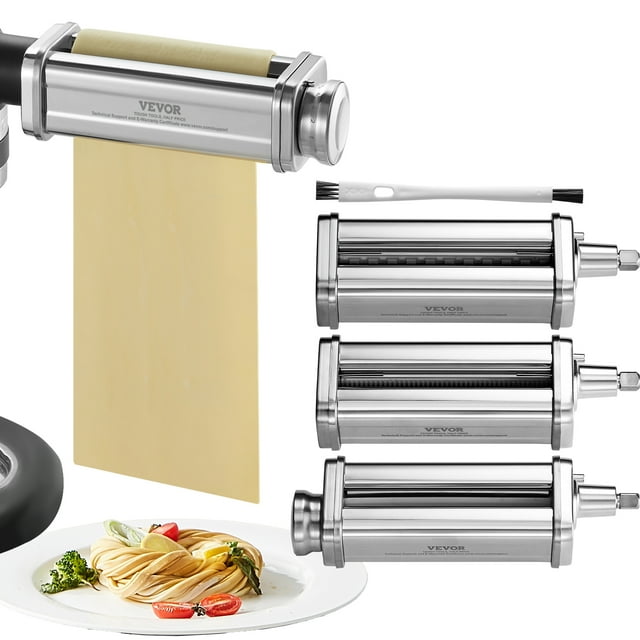 VEVOR Accessoire à Pâtes pour Batteur sur Socle KitchenAid, Ensemble de Coupe-Rouleau à Pâtes en Acier Inoxydable Incluant Rouleau à Feuilles de Pâtes, Coupe-Spaghettis et Fettuccines, Fabricant de Pâtes à 8 Boutons d'Épaisseur Réglable, 3 Pcs