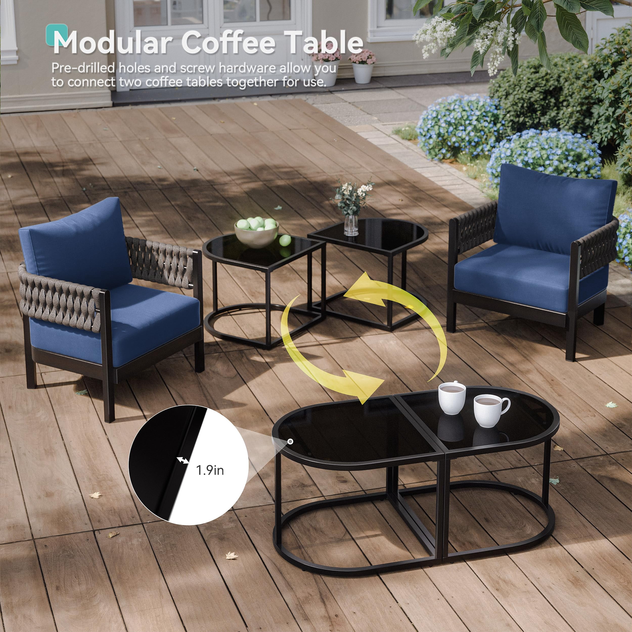 ALAULM Aluminum Patio Furniture Set 8 Pieces,Metal Outdoor Furniture with Modular Coffee Table,HDPE Rope Sectional Conversation Set w/5.9" Thick Cushions for Deck,Porch,Backyard