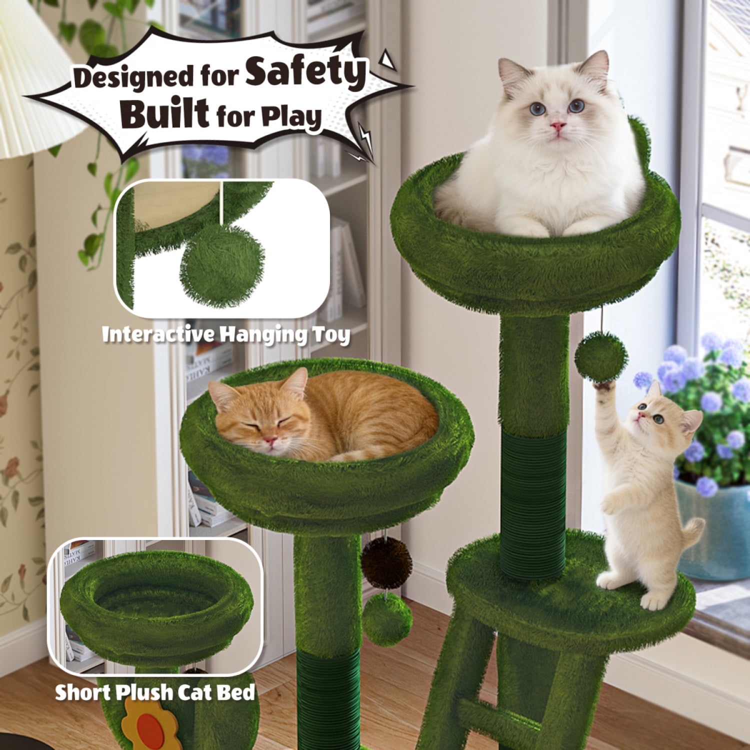 Green 72in Cactus Cat Tree Tall Cat Tower for Indoor Cats with Transparent Capsule Sisal Scratching Posts Plush Perches Interactive Toys Multi Level Activity Center