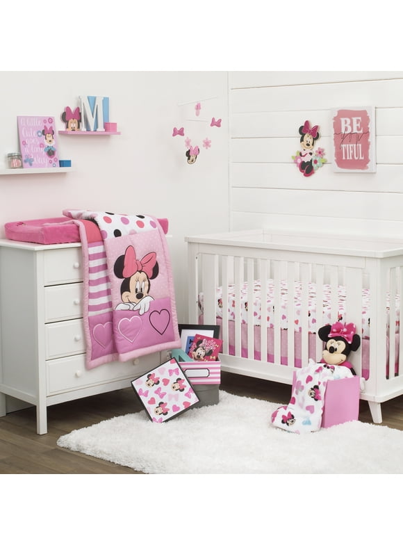 Disney Minnie Mouse Loves Dots 3-piece Crib Bedding Set and Keepsake Storage Box, Infant Girl