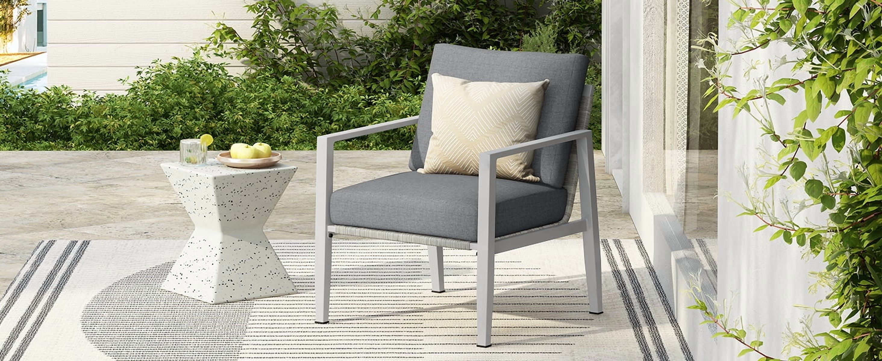 Accent Lounge Chair, Silver Aluminum Chair with Sleek Rope Details and Comfort Cushions for Patio, Silver and White
