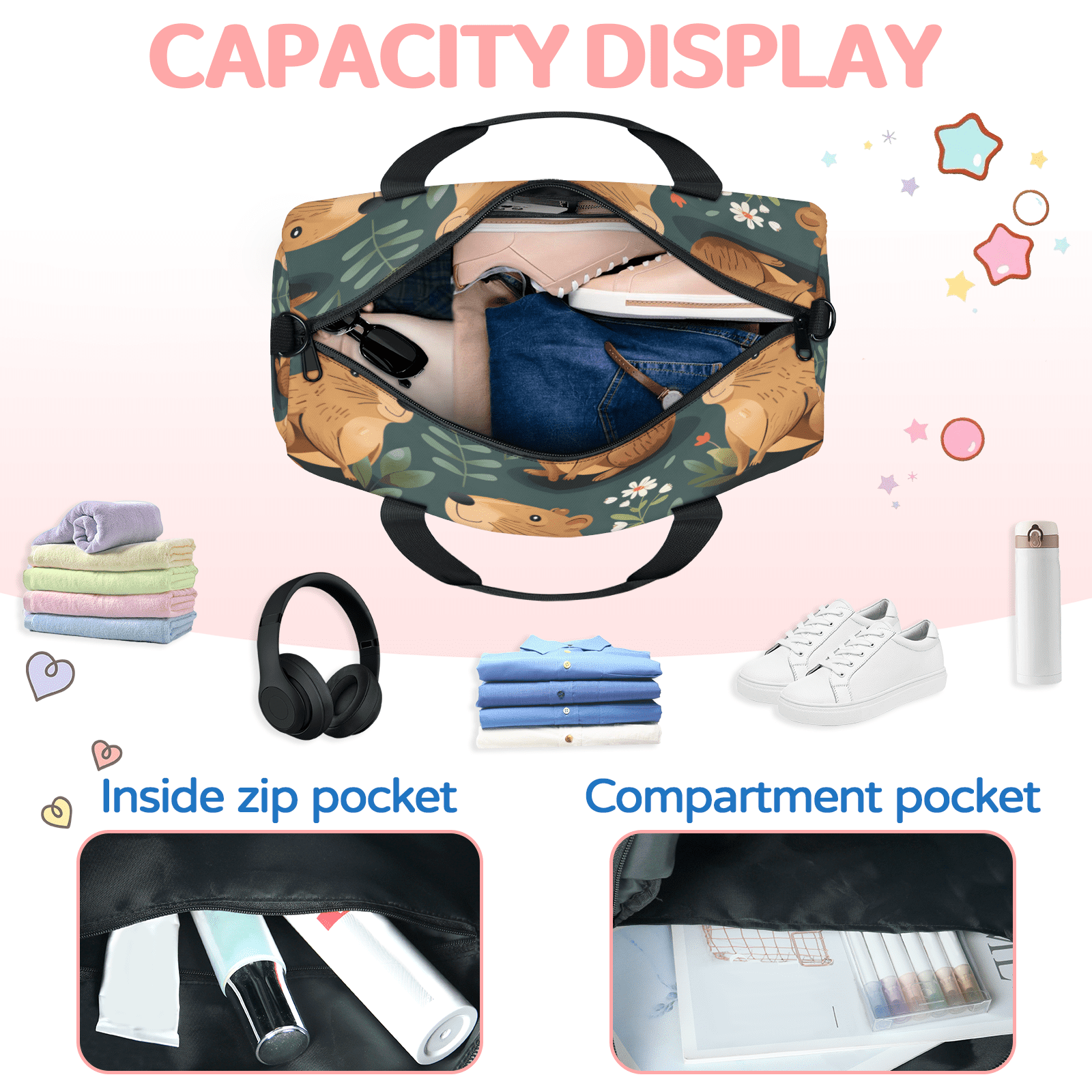 Herdesigns Funny Travel Duffle Bag Sports Yoga Weekender Overnight Carry on Workout Bags Lightweight Waterproof Gym Tote Bag for Women Capybara