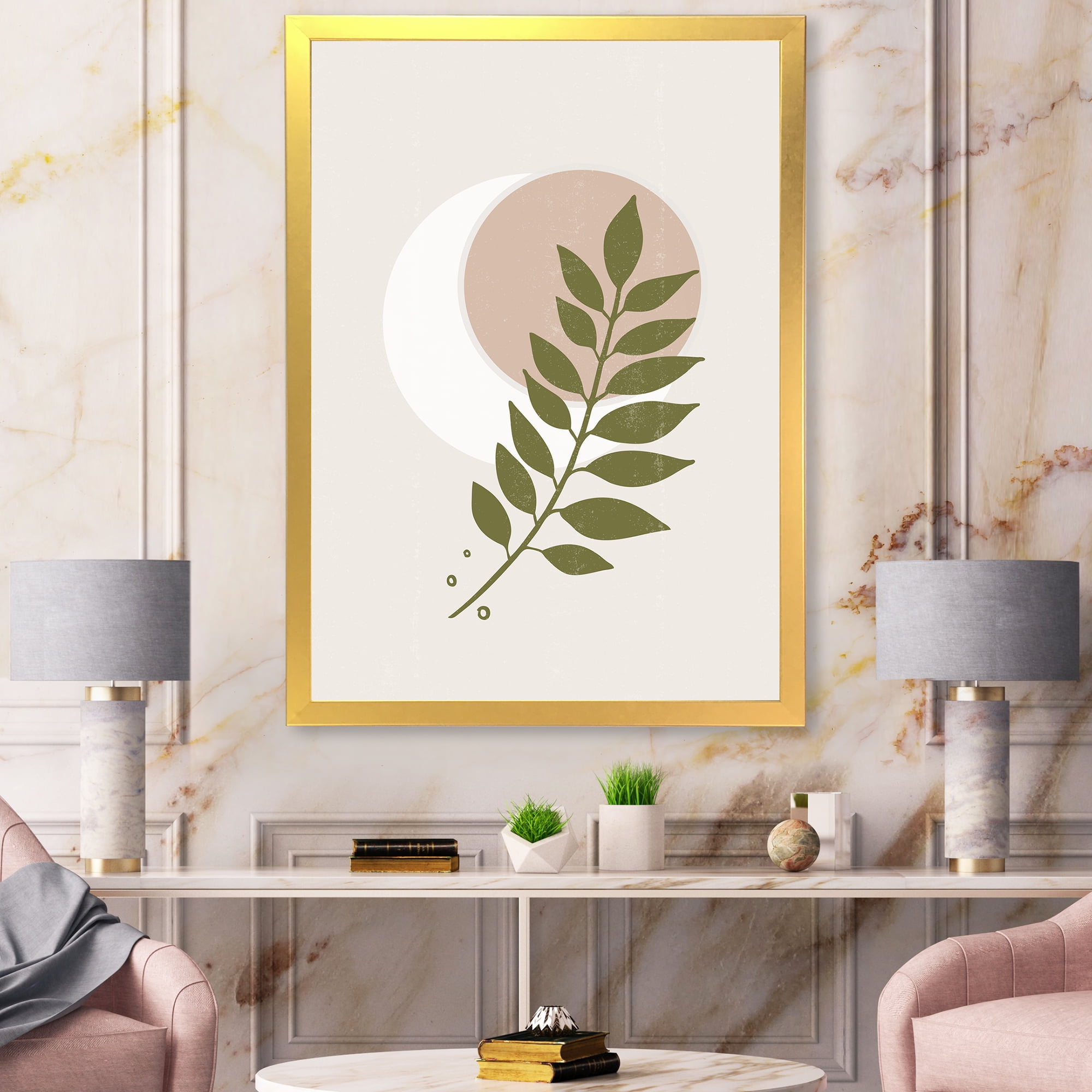 Designart 'Abstract Geometrical Leaf With Moon IV' Modern Framed Art Print