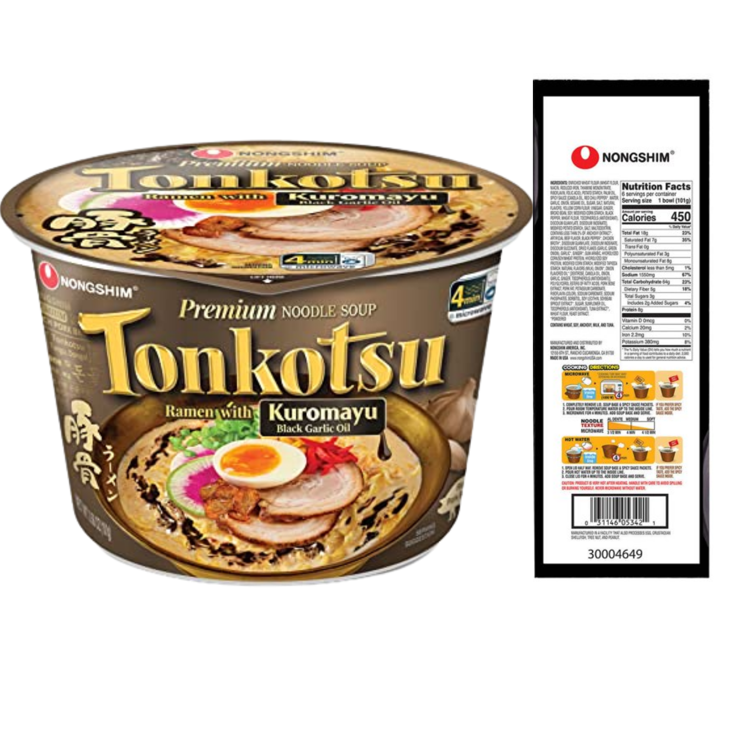 Nongshim Tonkotsu Ramen with Kuromayu Noodle Big Bowl, 3.56 Ounce Premium Noodle Soup Rich Pork Broth Japanese Style Instant Creamy Ramen & On the Go Snacks 6 Bowls Pack Set of 2 (12 Bowls Total)