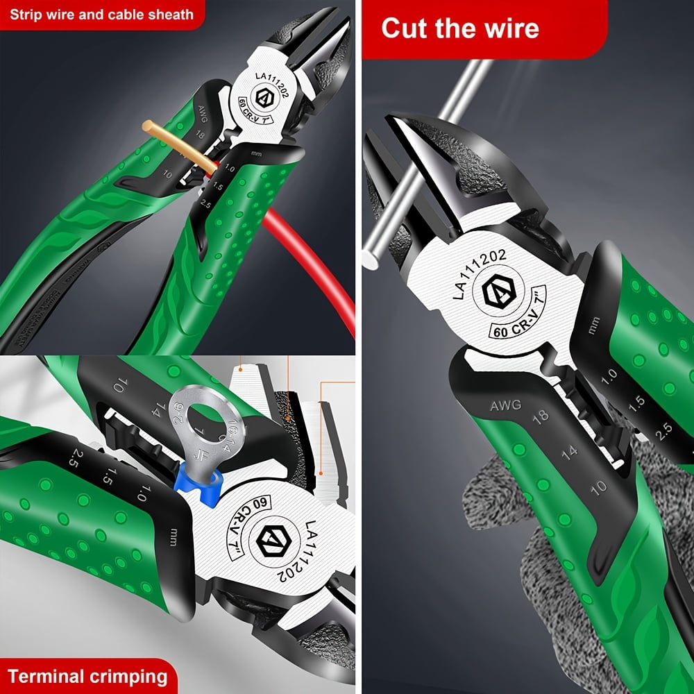 7-Inch Multifunctional Diagonal Cutting Pliers, Needle-Nose Pliers, Long Nose Pliers, Side Cutters, Cable Cutters, Professional Electrician's Manual Tools, Electrical Pliers