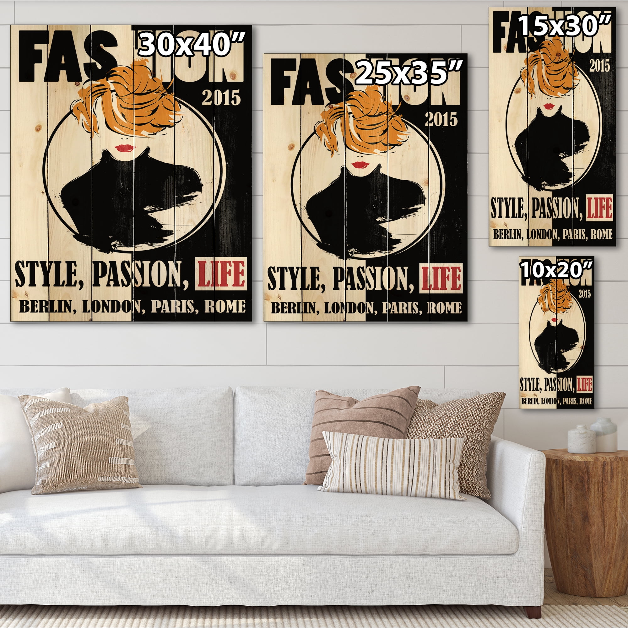 Designart 'Style Passion Life Fashion Woman V' Modern Print on Natural Pine Wood