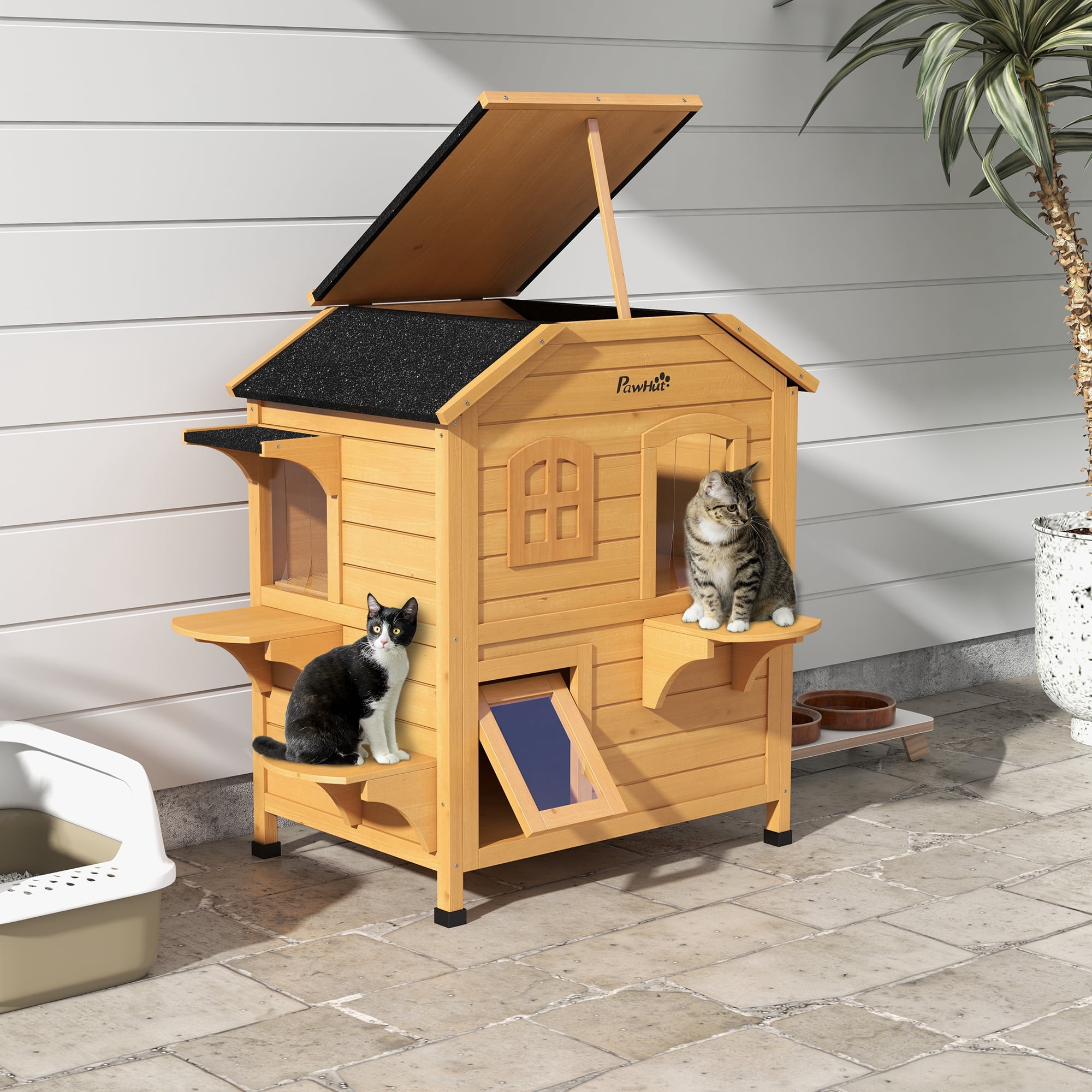 PawHut Outdoor Wooden 2-Story Cat House, Wooden Door, Openable Roof, Jumping Platforms, Natural
