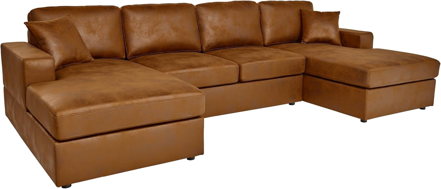 Howcool 120" U‑Shaped Double‑Chaise Modular Sectional Sofa, Cloud Couch 4 Seat Breathable PU Leather & Polyester with Washable Removable Covers for Living Room, Antique Brown