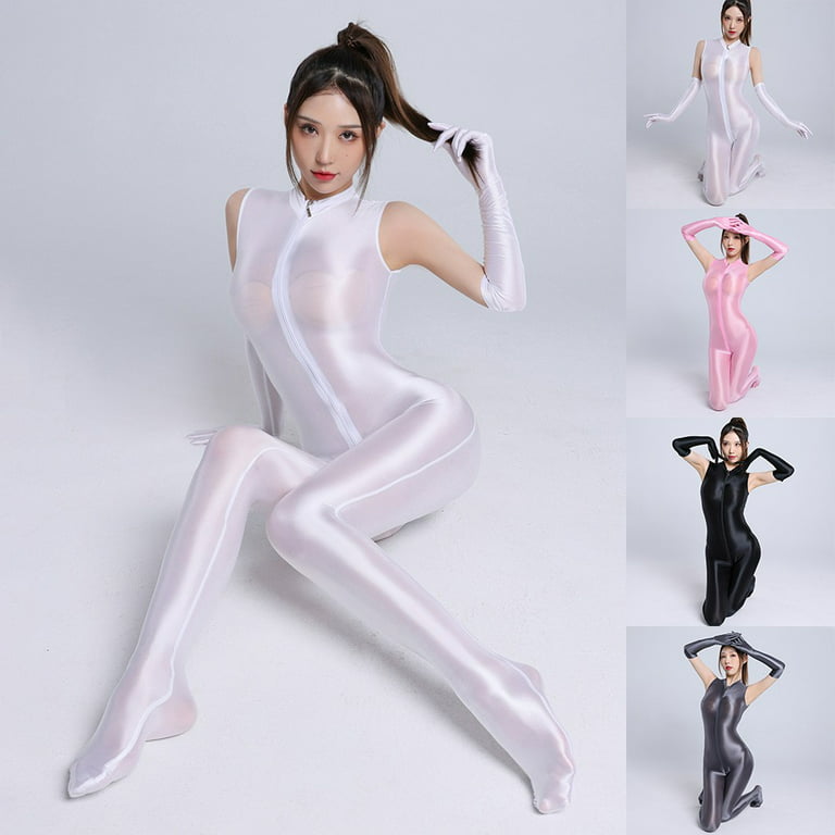Japanese Sexy Womens Bodysuits Glossy High Cut Tights Silky Jumpsuit Club  Wear