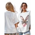 thumbnail image 6 of Women's T-Shirt Cute Rabbit Wearing Glasses Bubble Gum Short Sleeve Casual Tee Classic Crew Neck T Shirt for Women White, S, 6 of 7