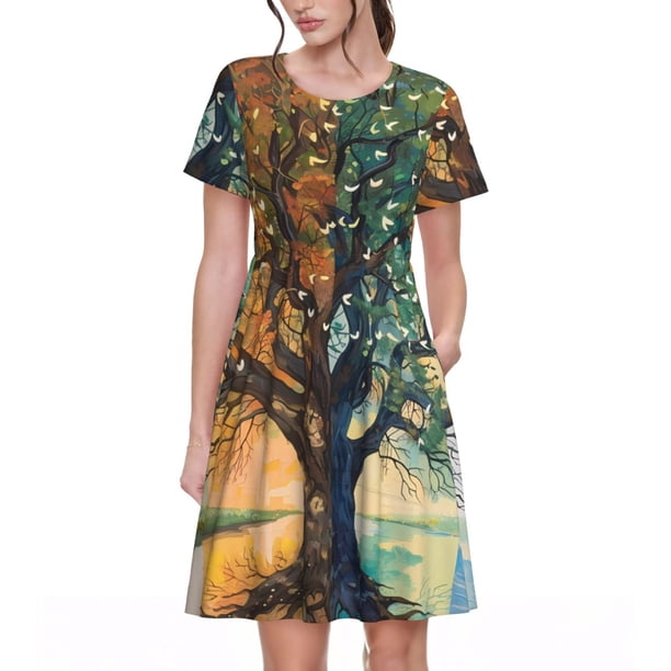 Easygdp Seasonal Tree Reflection para Vestido Transpirable de Mujer, Vestido Suelto de Manga Corta con Pliegues y Bolsillos para el Verano