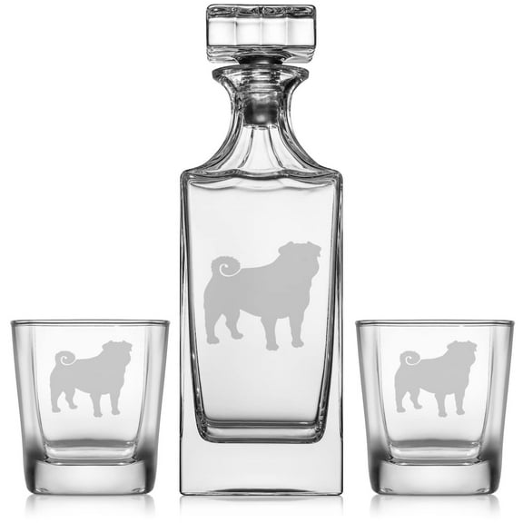 Whiskey Decanter Gift Set With 2 Whiskey Old Fashioned Rocks Glasses Pug