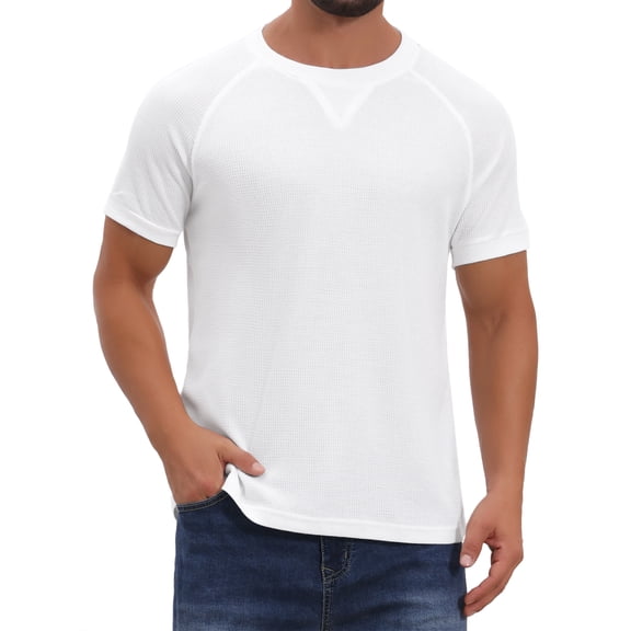 DARING DIVA Men's Waffle Fabric Classic Crew Neck Raglan Short Sleeves M White