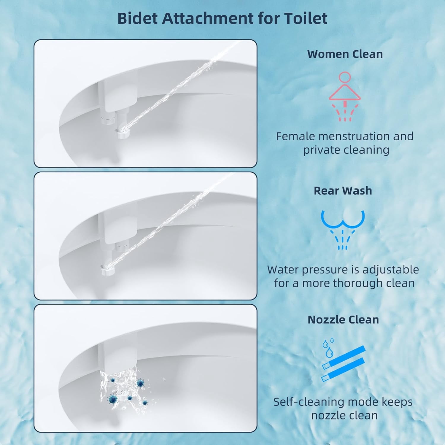 Bidet Attachment for Toilet with Self Cleaning Dual Nozzle, Hot and Cold Water  Non- Mechanical Toilet Seat Bidet for Rear or Female Washing Sanitizing, Blue