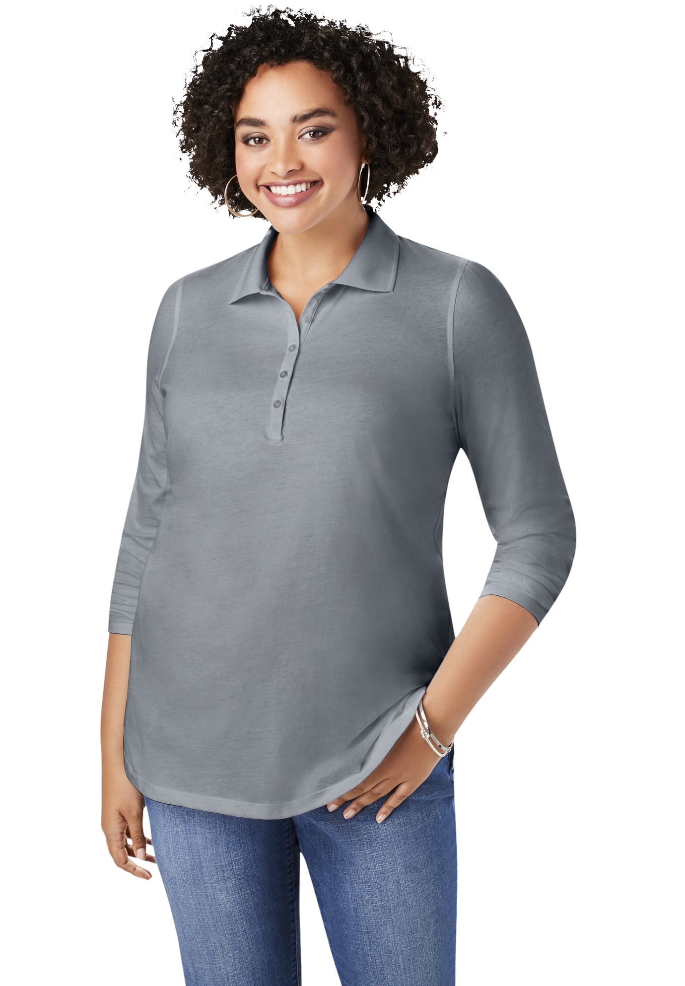 Roaman's Women's Plus Size Long-Sleeve Polo Ultimate Tee Shirt ...