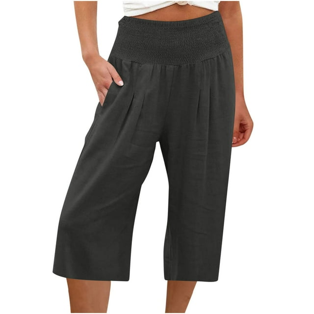 Capris Été Pantalons pour Femmes Jambe Droite Coupe Jambe Pantalon Grande Taille pour Femmes Polyester Grande Taille Capris en Lin Capris pour Dames Style C-20 Gris Foncé L