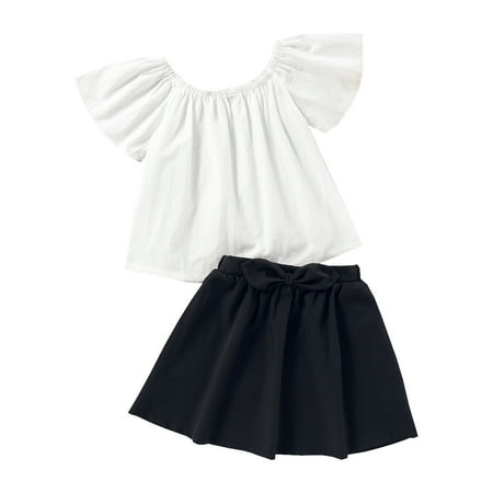 

KIMI BEAR Infant Girls Outfits 18 Months Infant Girls Summer Outfits 24 Months Infant Girls Sweet Ruffle Sleeve Top + Black Skirt 2PCs Set