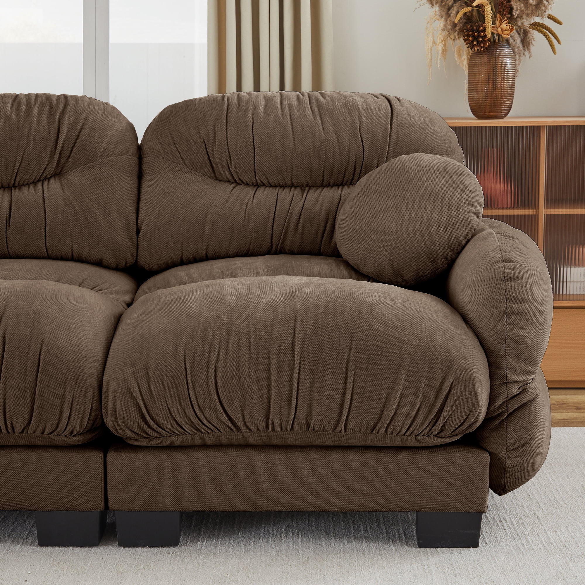 150" 4 Seater Sectional Couch Cozy Chenille Modular Sofa with Ottoman and 2 Throw Pillows