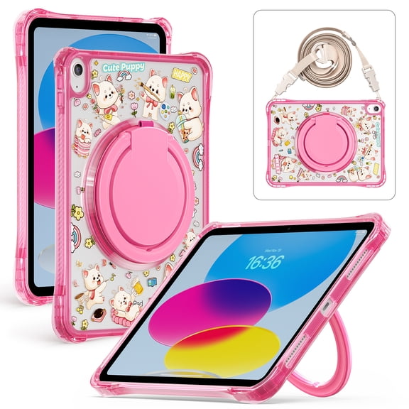 Allytechgroup Cute Case for Apple iPad A16 11th Gen 11" 2025/ iPad 10th Generation 10.9" 2022, Stylish Clear Rotating Stand Shockproof Anti-Scratch Bumper Rugged Kids Cover with Shoulder Strap,Dog